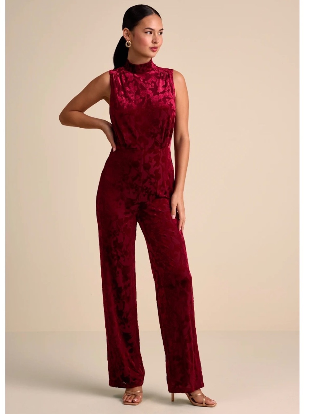 NWOT Lulus Micola Red Velvet Jacquard Mock Neck Jumpsuit M